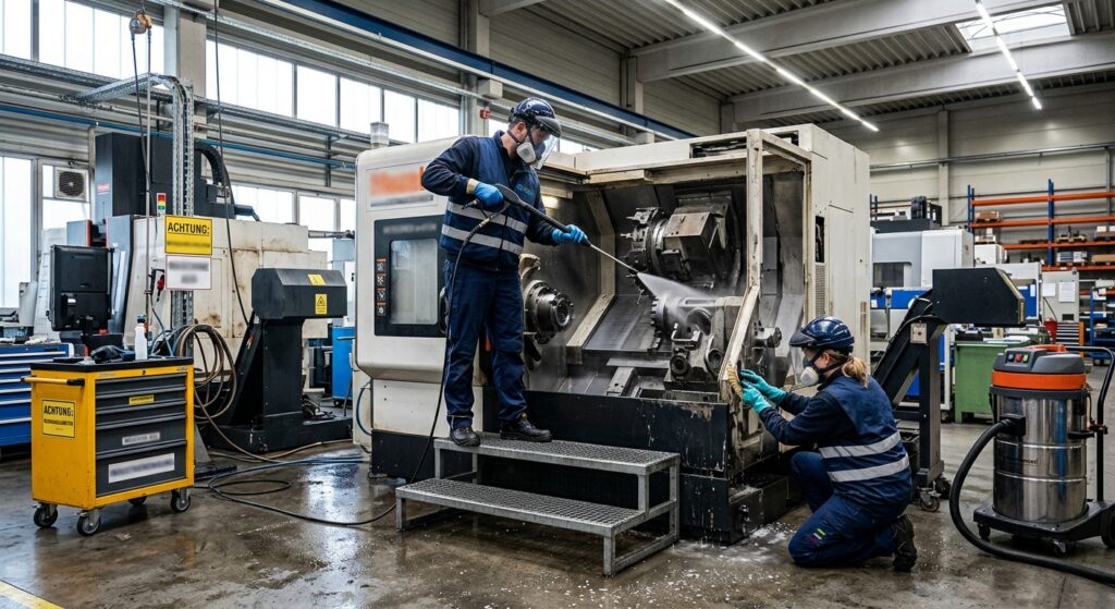 2 Mitarbeiter reinigen eine Maschine in einer Industriehalle