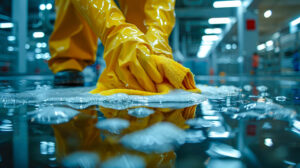 Arbeiter mit gelben Handschuhen und Schutzausrüstung reinigt einen glänzenden Hallenboden in einer Fabrik in Berlin. Der Hintergrund ist unscharf. Konzept der Sauberkeit.