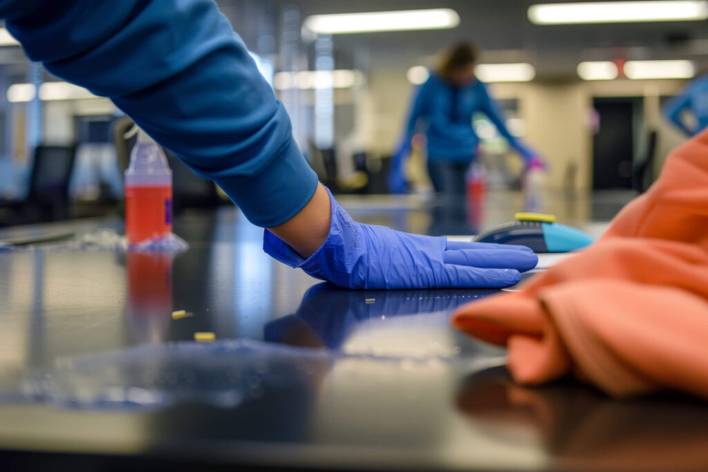 Industrielle Reinigung, Hand wischt mit Handschuh und Lappen über eine Arbeitsfläche in München