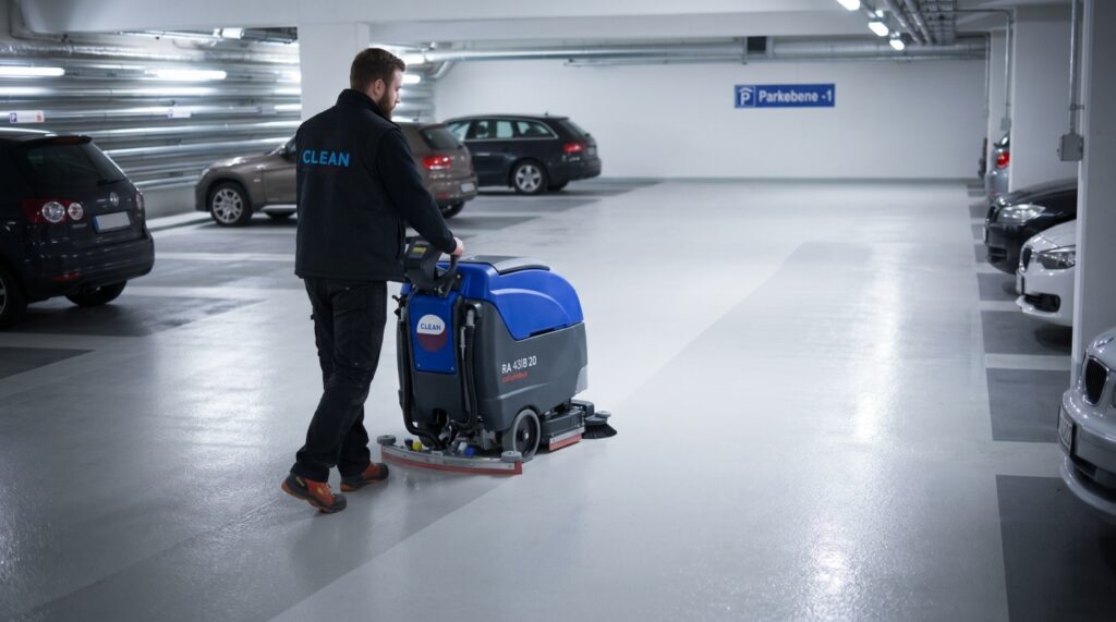 Mitarbeiter von Clean excellence bei der Tiefgaragen Boden Reinigung