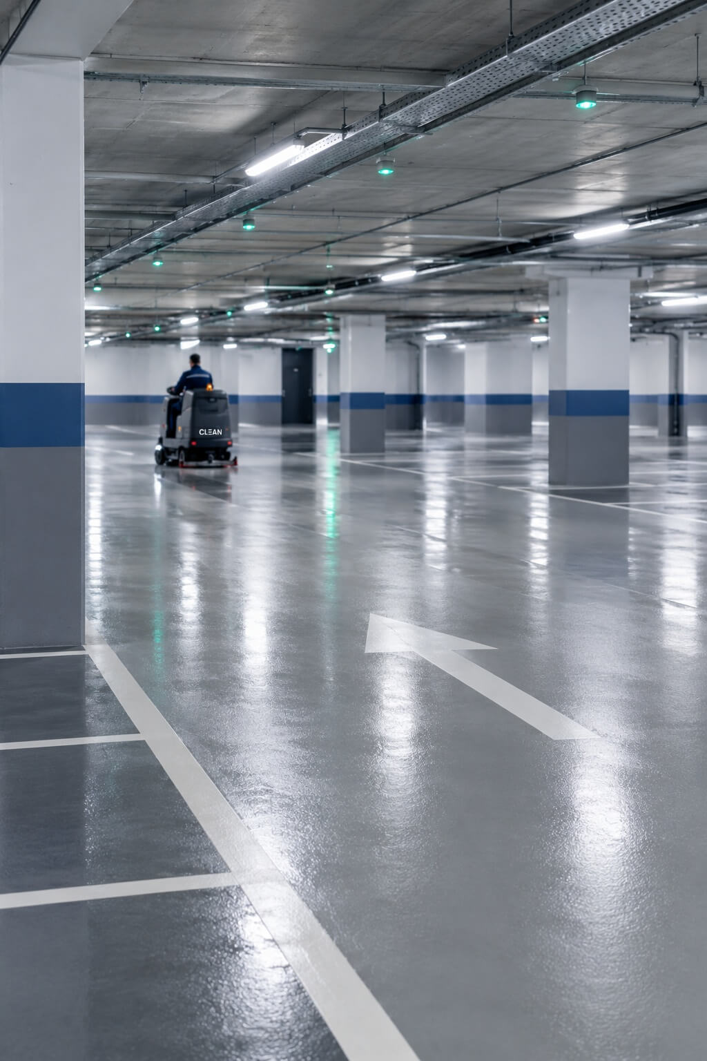 Mitarbeiter bei der professionellen Parkhausreinigung mit einer Scheuersaugmaschine in einer sauberen Tiefgarage mit gepflegten Parkflächen.