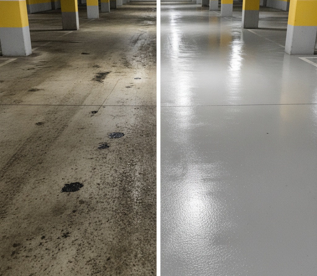Tiefgaragenboden: Vergleich gereinigt durch prof Tiefgaragenreinigung vs schmutzig